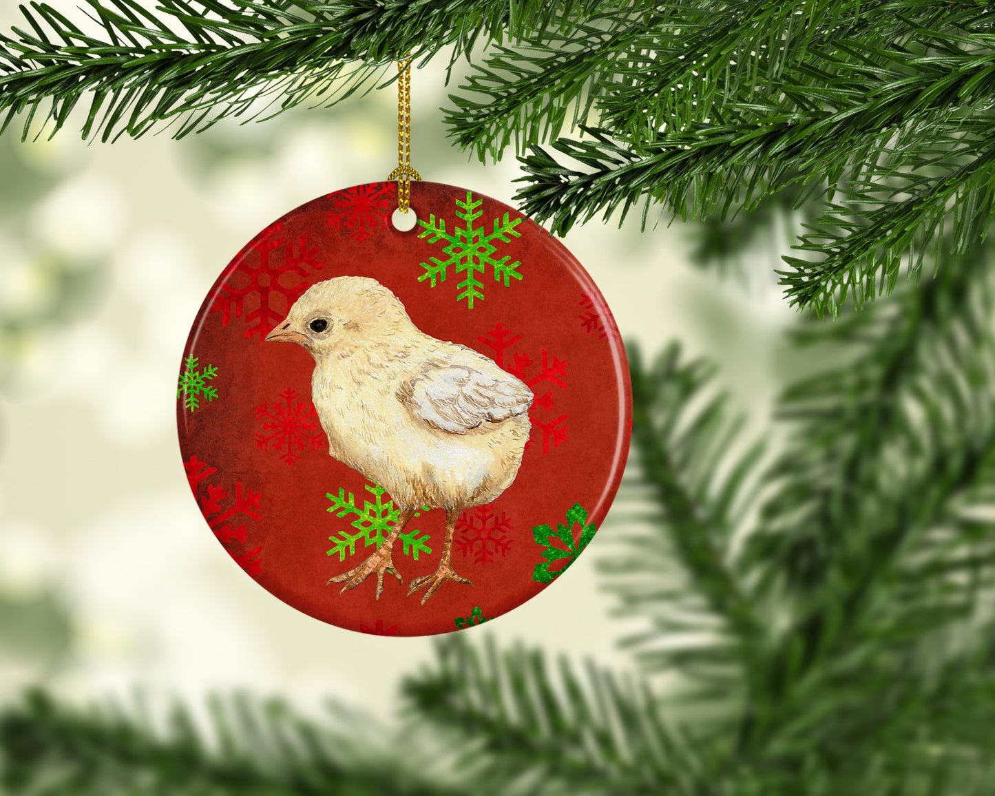 Baby Chick Red Snowflakes Holiday Christmas  Ornament - Round Ceramic Ornament – Artist-Designed Keepsake Decoration SB3130CO1