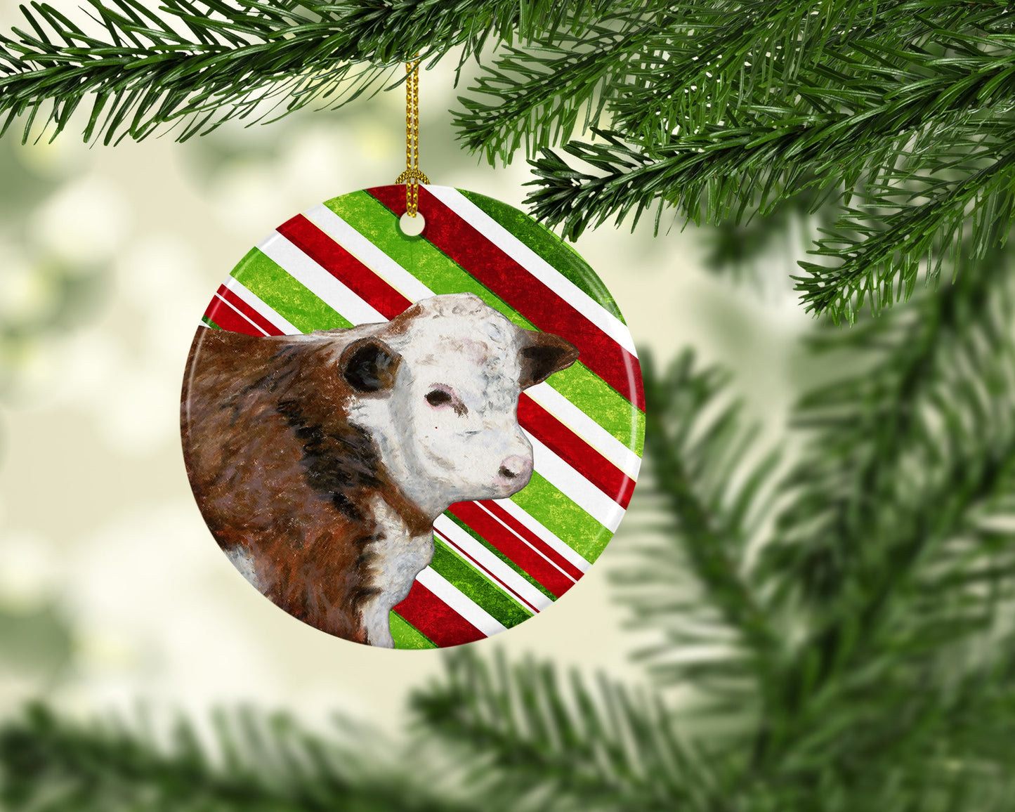 Baby Calf Candy Cane Holiday Christmas Ornament - Round Ceramic Ornament – Artist-Designed Keepsake Decoration SB3133CO1