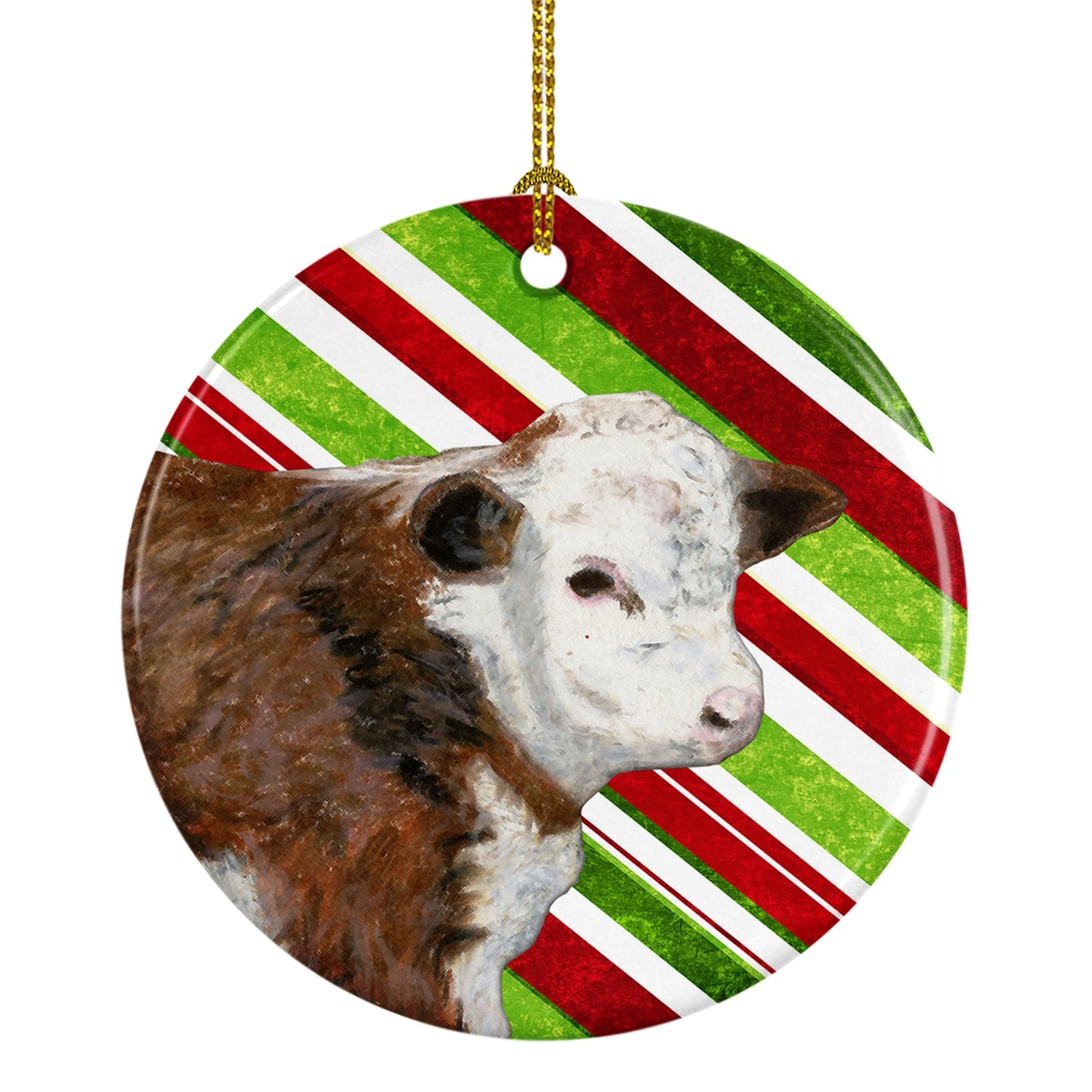 Baby Calf Candy Cane Holiday Christmas Ornament - Round Ceramic Ornament – Artist-Designed Keepsake Decoration SB3133CO1
