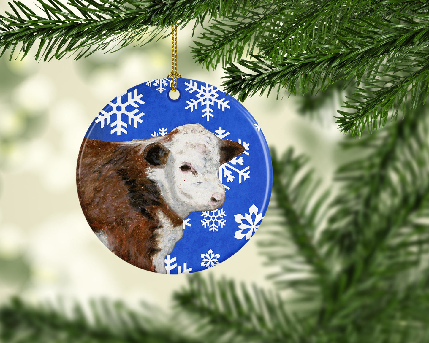 Baby Calf Winter Snowflakes Holiday Ornament - Round Ceramic Ornament – Artist-Designed Keepsake Decoration SB3144CO1