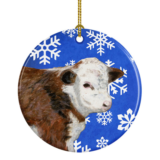 Baby Calf Winter Snowflakes Holiday Ornament - Round Ceramic Ornament – Artist-Designed Keepsake Decoration SB3144CO1