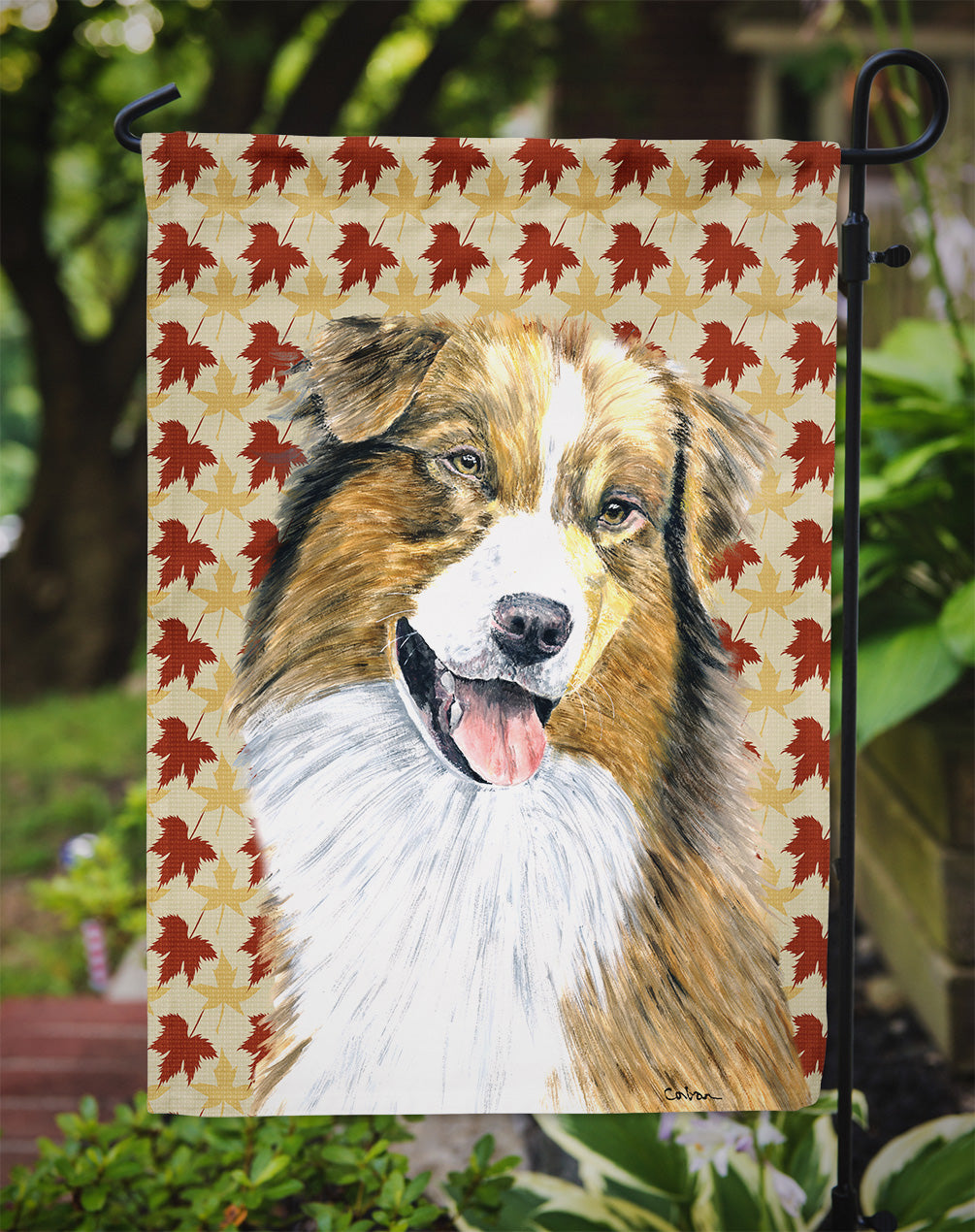 Australian Shepherd Fall Leaves Portrait Garden Flag – Decorative Outdoor Yard Flag
