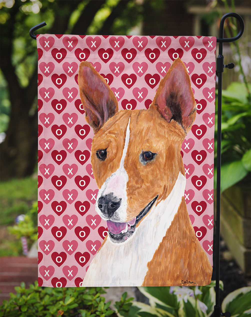 Basenji Hearts Love and Valentine's Day Portrait Garden Flag – Decorative Outdoor Yard Flag