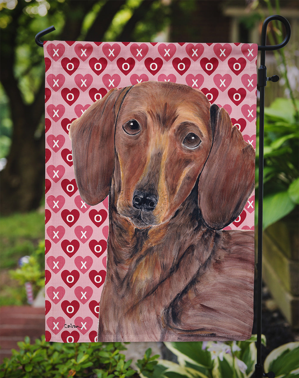 Dachshund Hearts Love and Valentine's Day Portrait Garden Flag – Decorative Outdoor Yard Flag