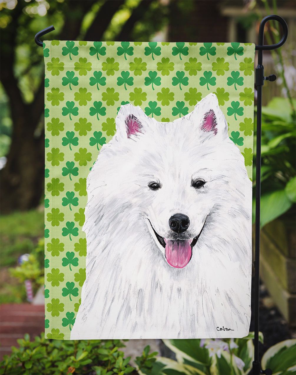 American Eskimo St. Patrick's Day Shamrock Portrait Garden Flag – Decorative Outdoor Yard Flag