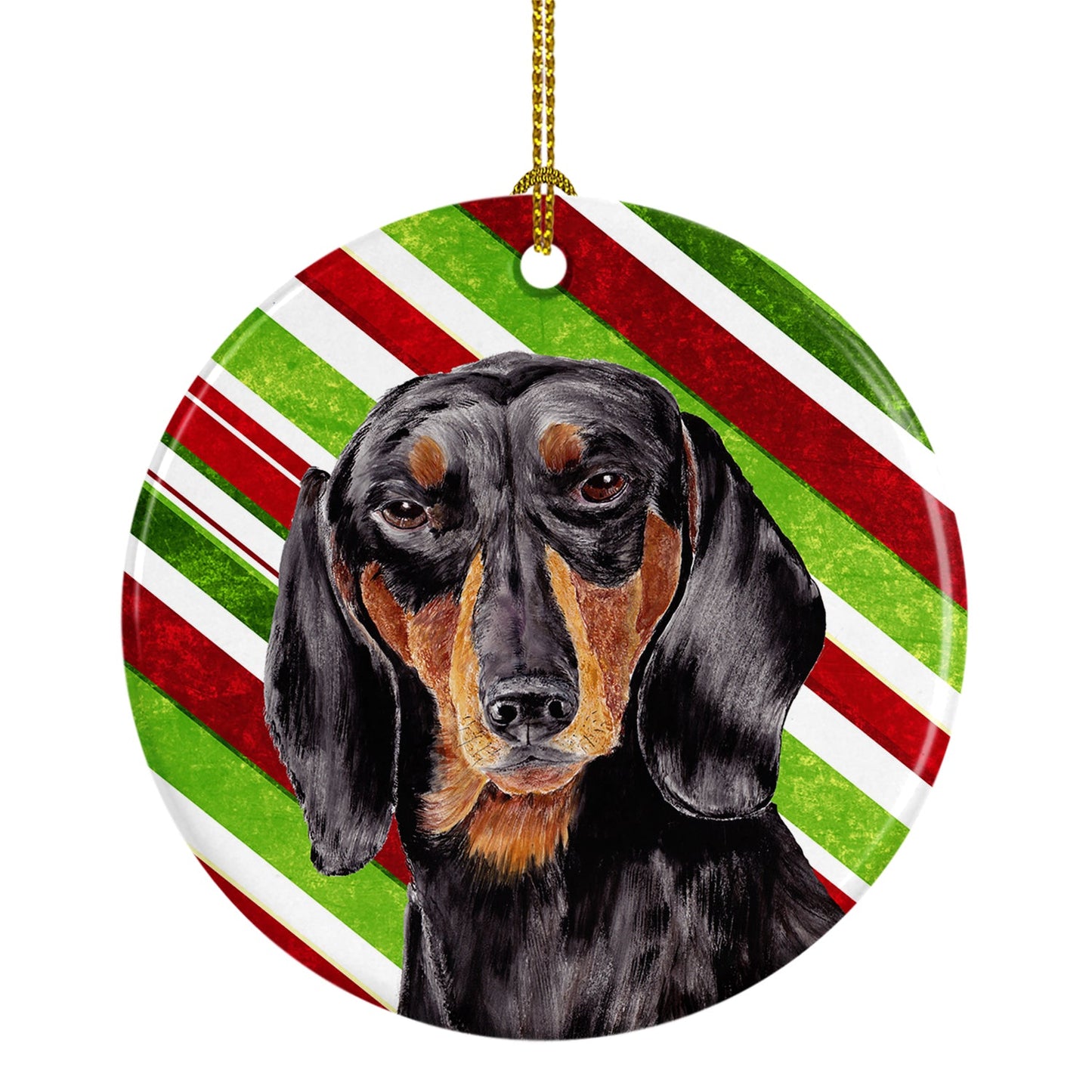 Dachshund Candy Cane Holiday Christmas  Ornament - Round Ceramic Ornament – Artist-Designed Keepsake Decoration SC9323