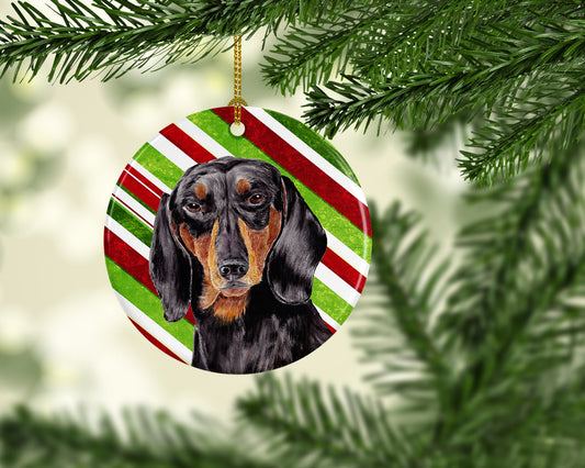 Dachshund Candy Cane Holiday Christmas  Ornament - Round Ceramic Ornament – Artist-Designed Keepsake Decoration SC9323