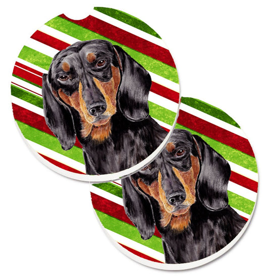 Dachshund Candy Cane Holiday Christmas Car Coasters – Set of 2 - Absorbent Stone with Fun & Functional Artwork SC9323CARC