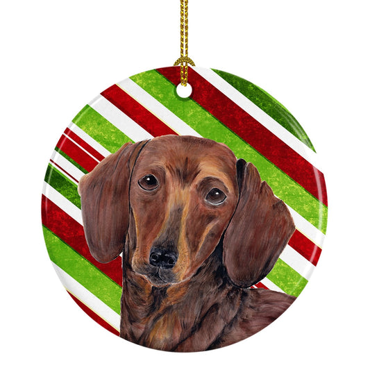Dachshund Candy Cane Holiday Christmas  Ornament - Round Ceramic Ornament – Artist-Designed Keepsake Decoration SC9328