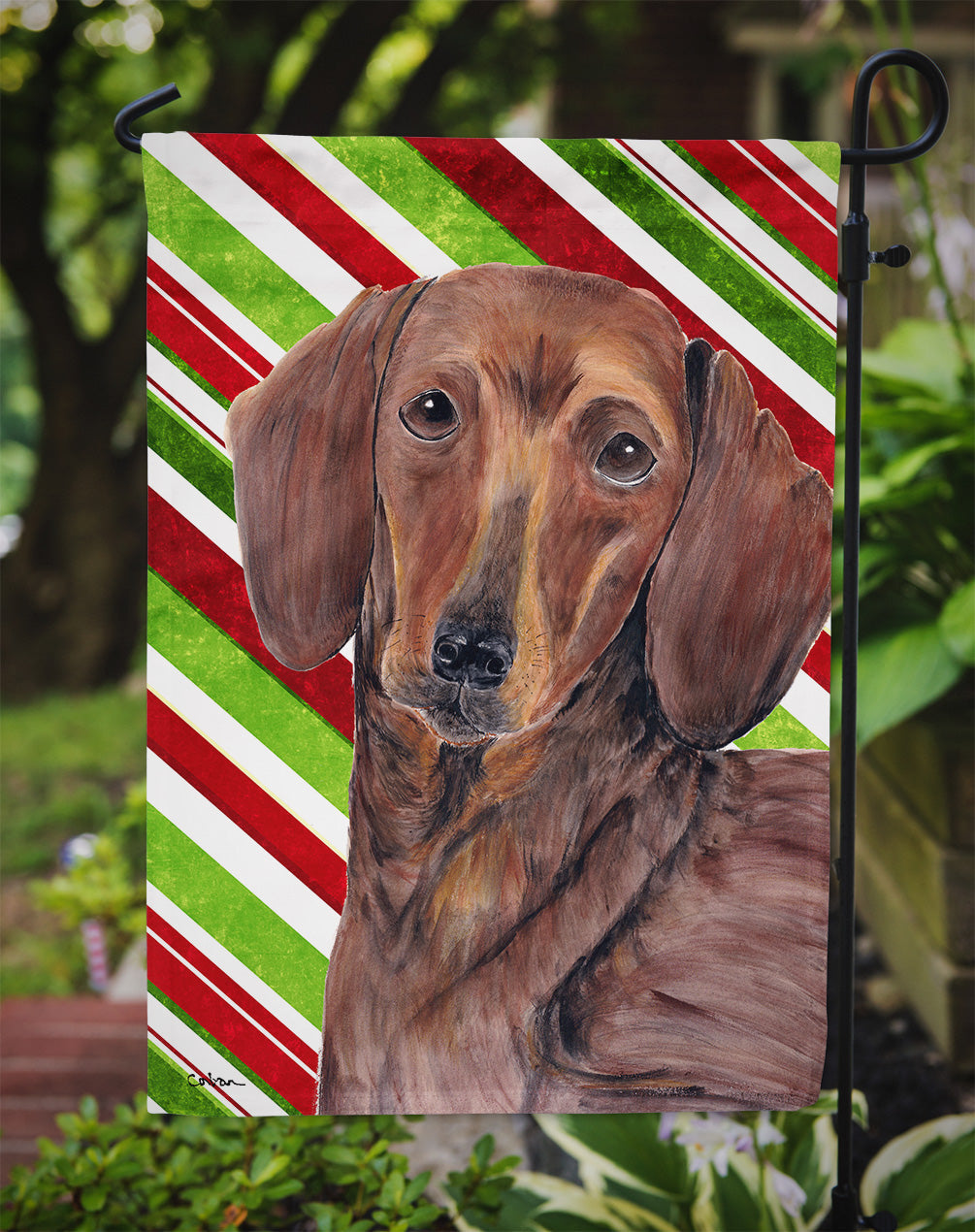 Dachshund Candy Cane Holiday Christmas Garden Flag – Decorative Outdoor Yard Flag