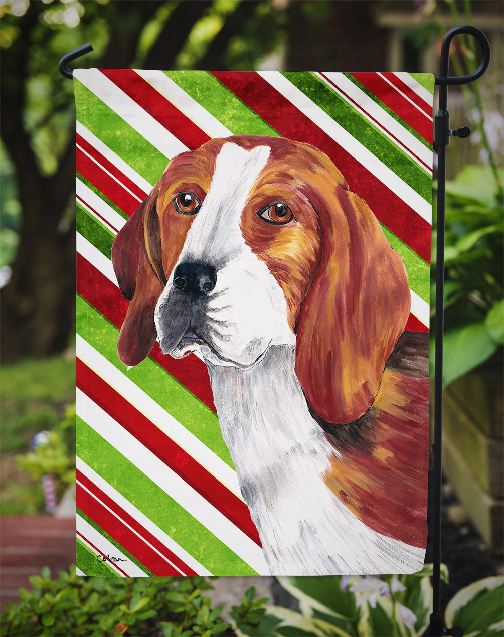 Beagle Candy Cane Holiday Christmas Garden Flag – Decorative Outdoor Yard Flag