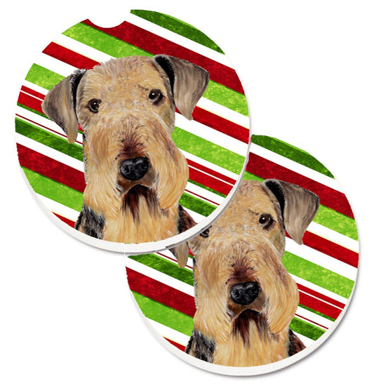 Airedale Candy Cane Holiday Christmas Car Coasters – Set of 2 - Absorbent Stone with Fun & Functional Artwork SC9333CARC