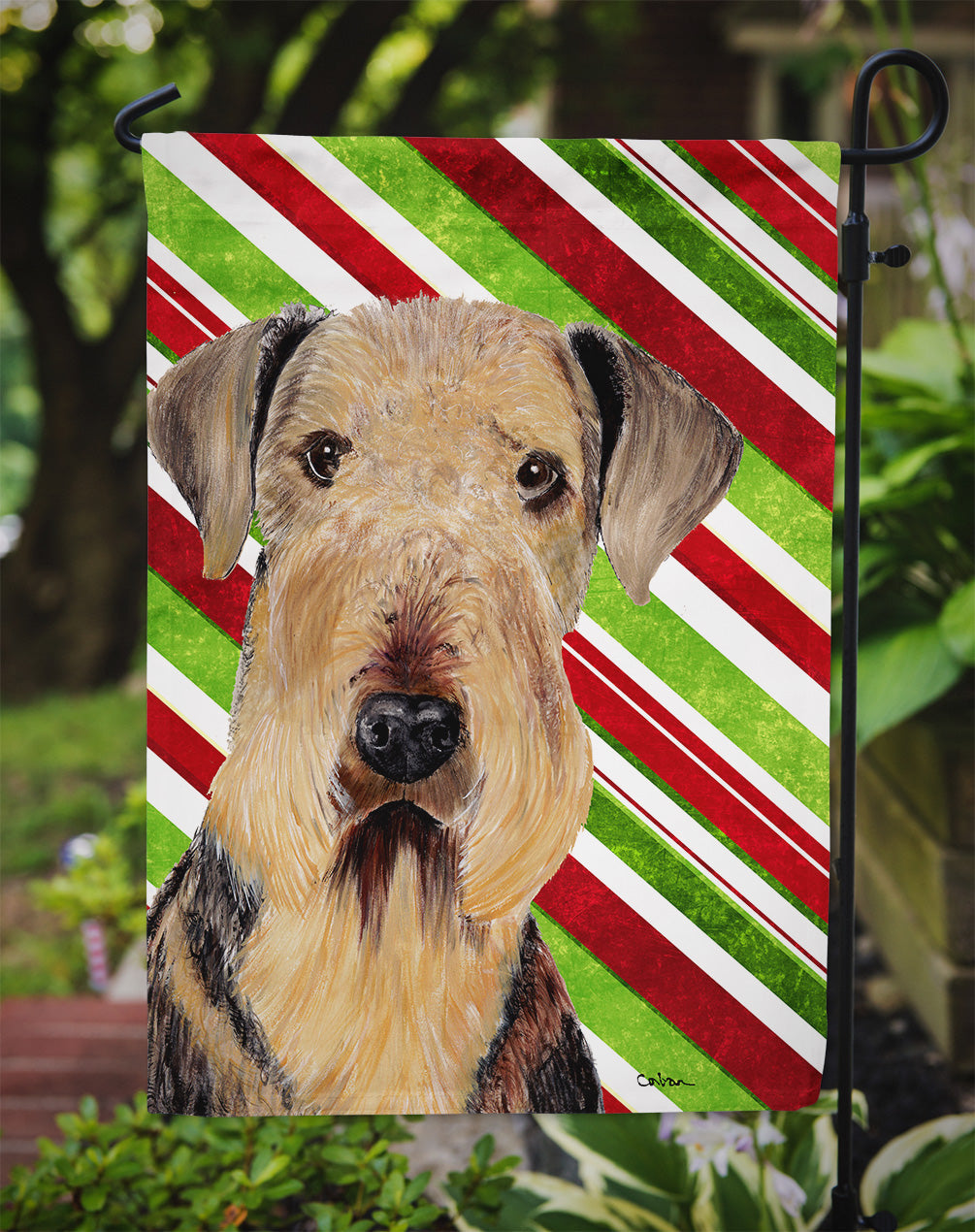 Airedale Candy Cane Holiday Christmas Garden Flag – Decorative Outdoor Yard Flag