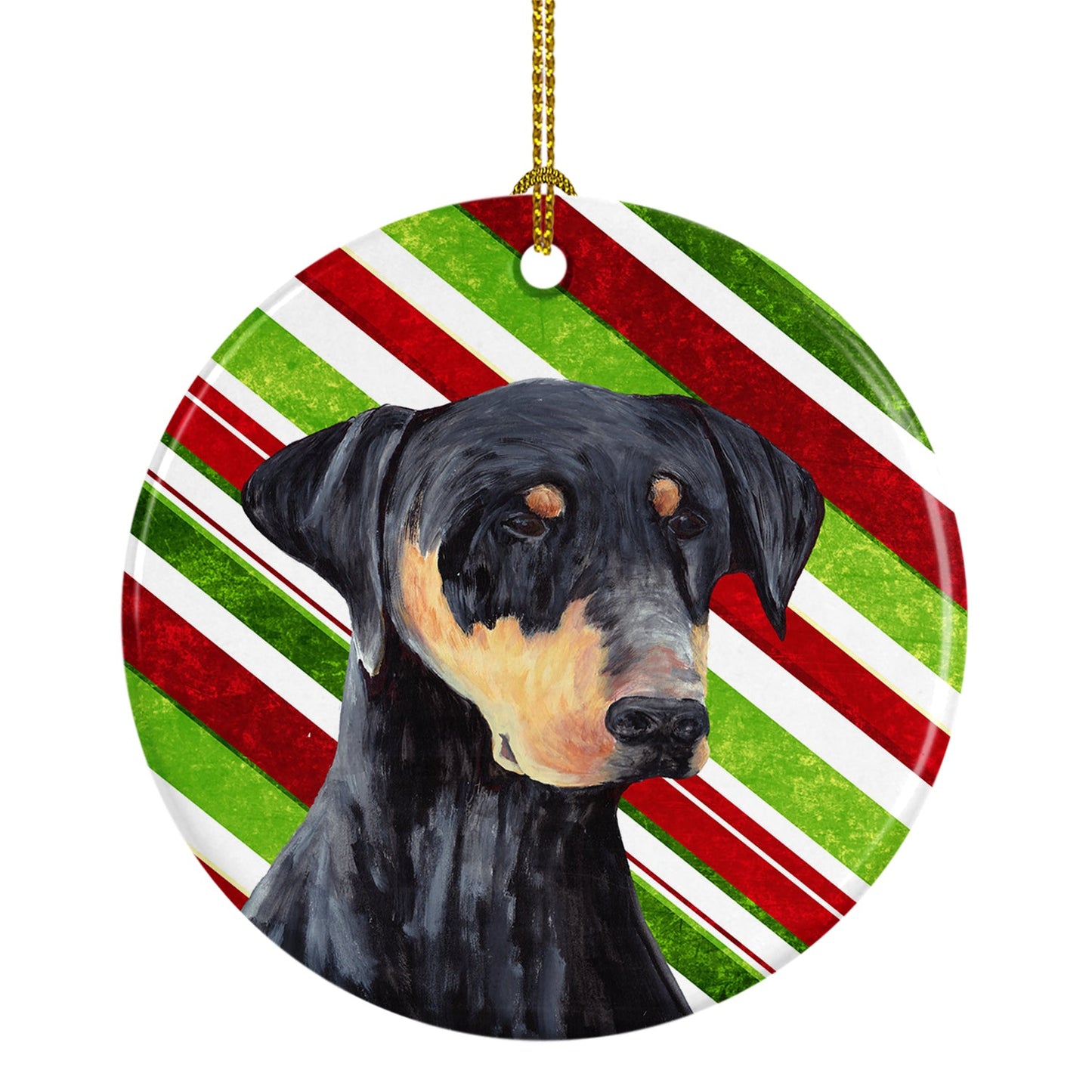 Doberman Candy Cane Holiday Christmas  Ornament - Round Ceramic Ornament – Artist-Designed Keepsake Decoration SC9337