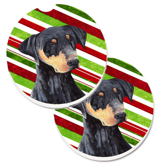 Doberman Candy Cane Holiday Christmas Car Coasters – Set of 2 - Absorbent Stone with Fun & Functional Artwork SC9337CARC