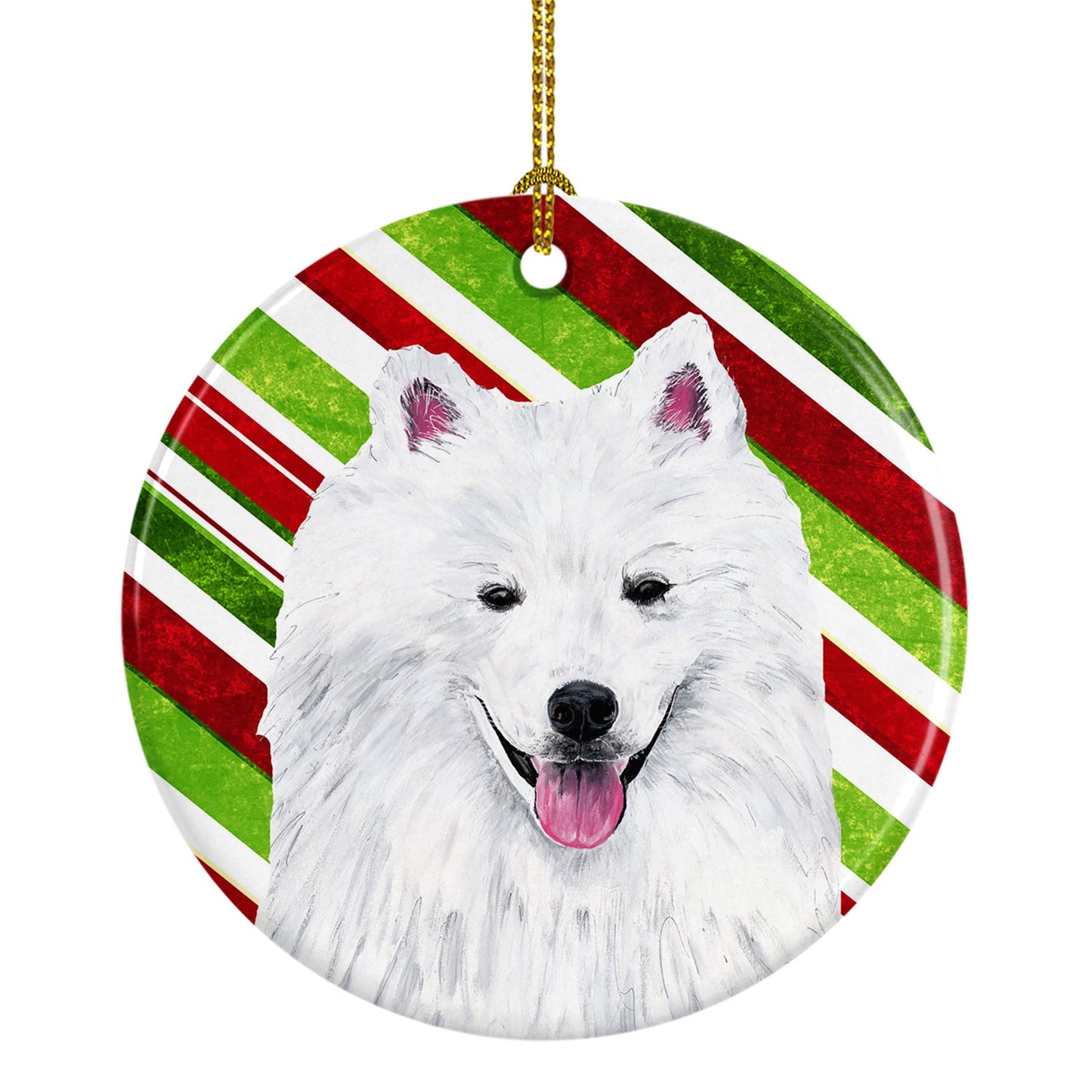 American Eskimo Candy Cane Holiday Christmas  Ornament - Round Ceramic Ornament – Artist-Designed Keepsake Decoration SC9339