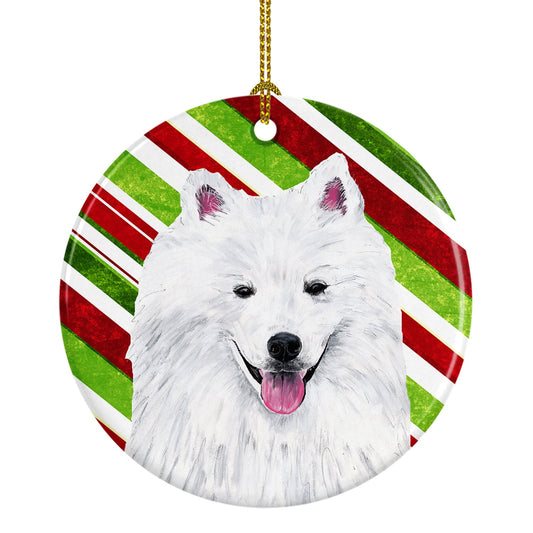 American Eskimo Candy Cane Holiday Christmas  Ornament - Round Ceramic Ornament – Artist-Designed Keepsake Decoration SC9339
