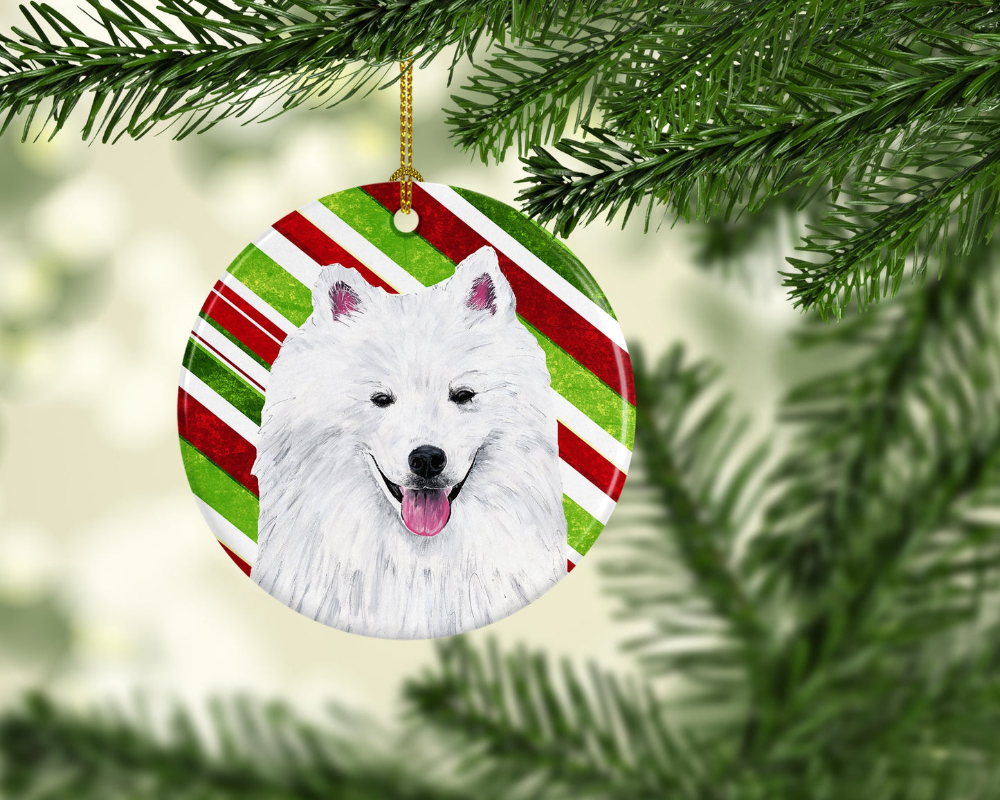 American Eskimo Candy Cane Holiday Christmas  Ornament - Round Ceramic Ornament – Artist-Designed Keepsake Decoration SC9339