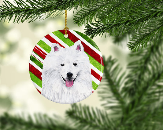 American Eskimo Candy Cane Holiday Christmas  Ornament - Round Ceramic Ornament – Artist-Designed Keepsake Decoration SC9339