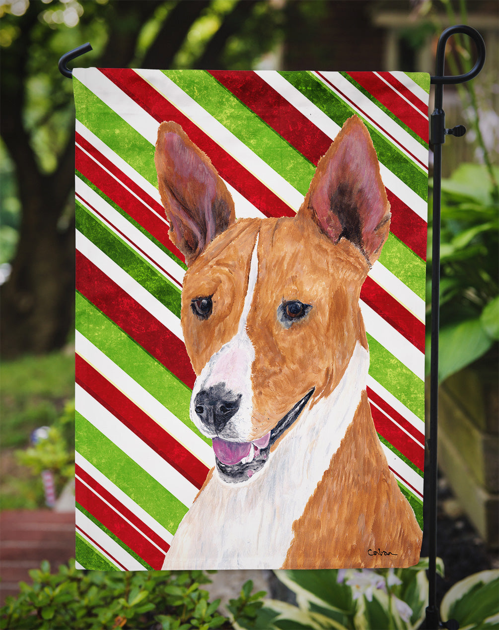 Basenji Candy Cane Holiday Christmas Garden Flag – Decorative Outdoor Yard Flag