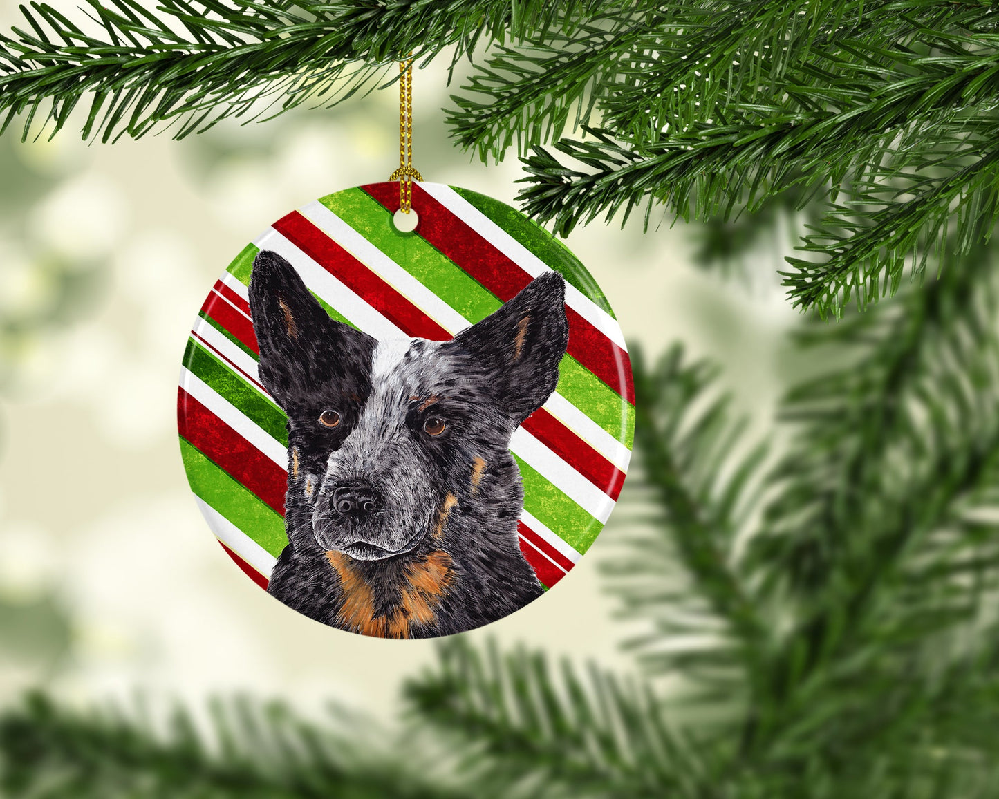 Australian Cattle Dog Candy Cane Holiday Christmas  Ornament - Round Ceramic Ornament – Artist-Designed Keepsake Decoration SC9356