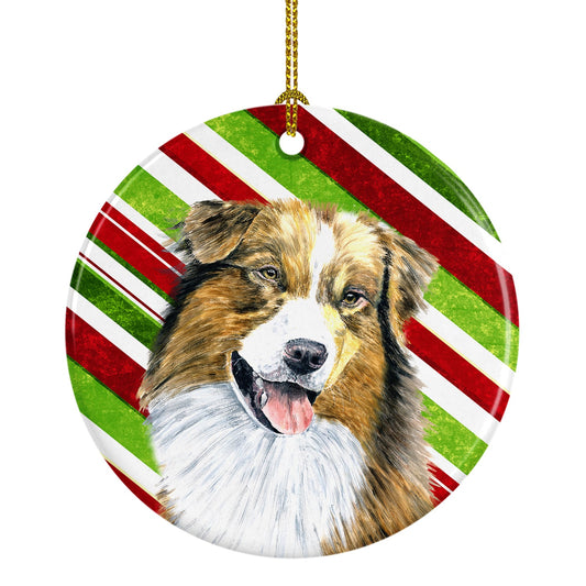 Australian Shepherd Candy Cane Holiday Christmas  Ornament - Round Ceramic Ornament – Artist-Designed Keepsake Decoration SC9357
