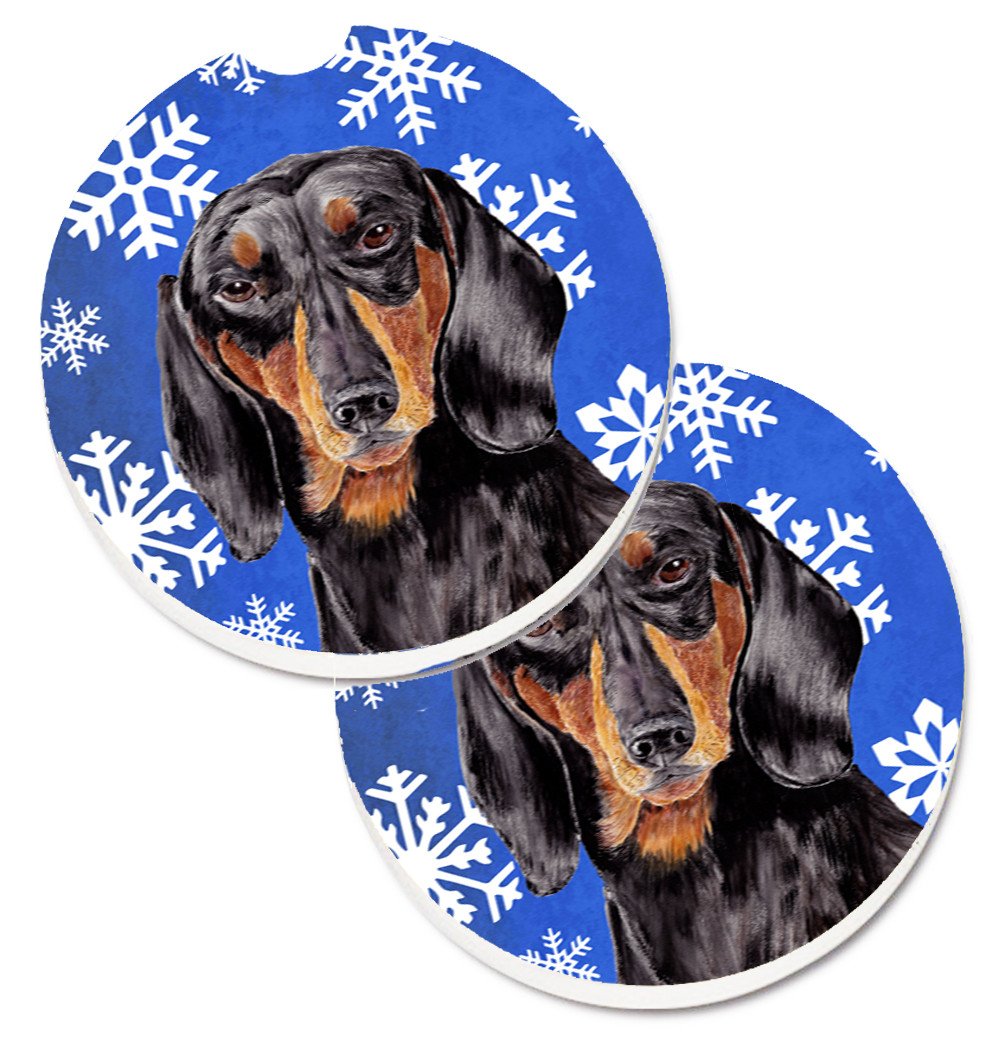 Dachshund Winter Snowflakes Holiday Car Coasters – Set of 2 - Absorbent Stone with Fun & Functional Artwork SC9363CARC
