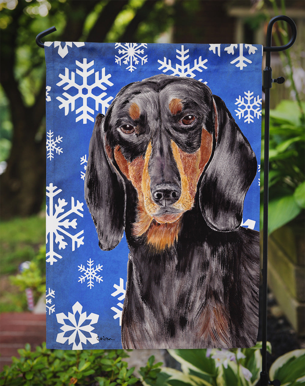 Dachshund Winter Snowflakes Holiday Garden Flag – Decorative Outdoor Yard Flag