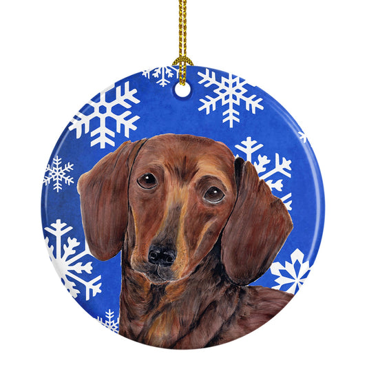 Dachshund Winter Snowflakes Holiday Ornament - Round Ceramic Ornament – Artist-Designed Keepsake Decoration SC9368