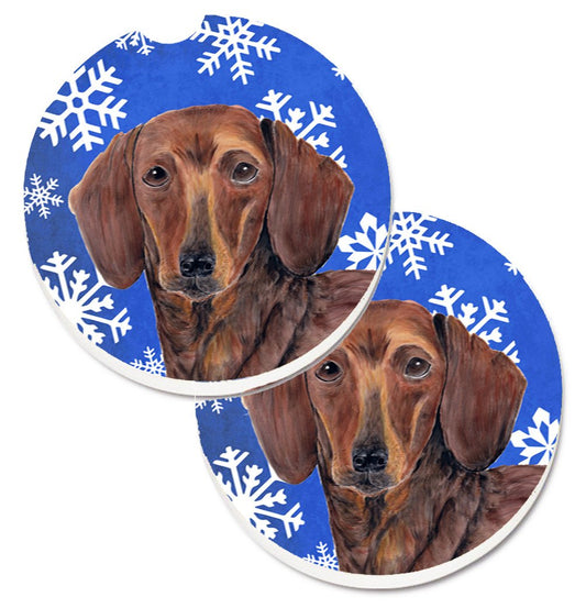 Dachshund Winter Snowflakes Holiday Car Coasters – Set of 2 - Absorbent Stone with Fun & Functional Artwork SC9368CARC