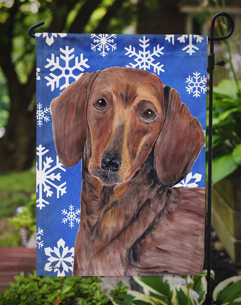 Dachshund Winter Snowflakes Holiday Garden Flag – Decorative Outdoor Yard Flag