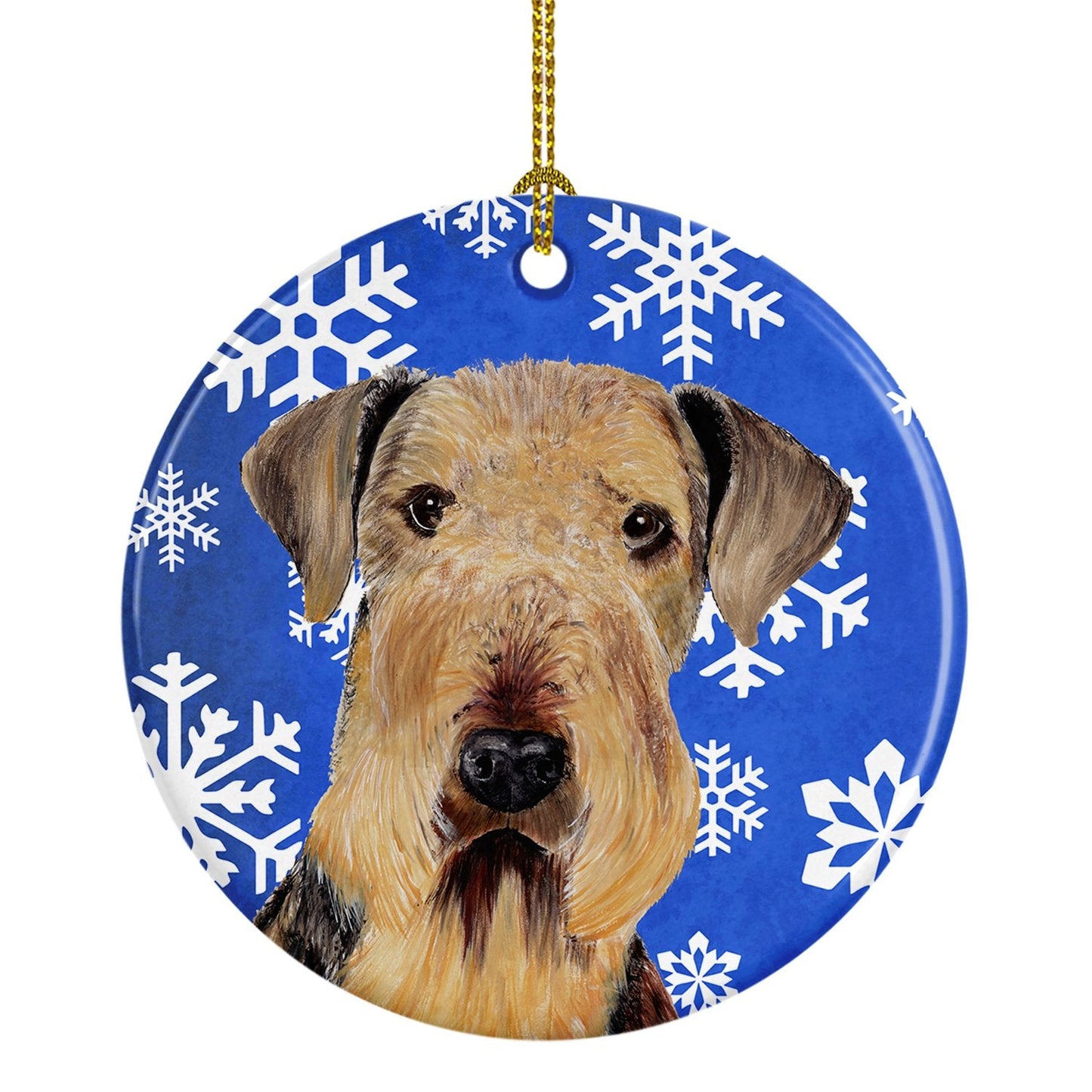 Airedale Winter Snowflakes Holiday Ornament - Round Ceramic Ornament – Artist-Designed Keepsake Decoration SC9373