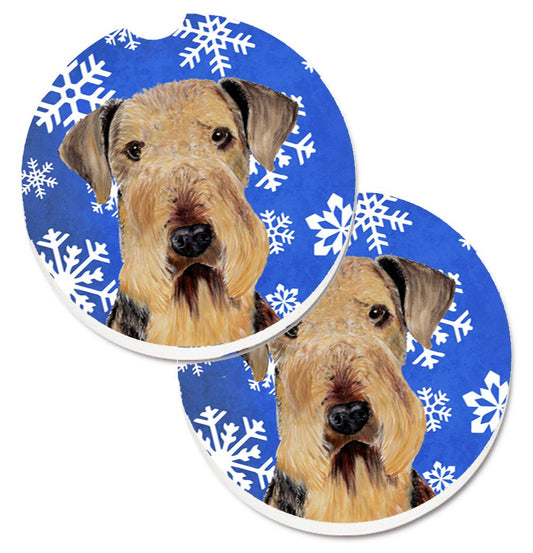 Airedale Winter Snowflakes Holiday Car Coasters – Set of 2 - Absorbent Stone with Fun & Functional Artwork SC9373CARC