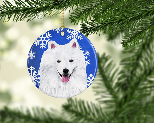 American Eskimo Winter Snowflakes Holiday Ornament - Round Ceramic Ornament – Artist-Designed Keepsake Decoration SC9379