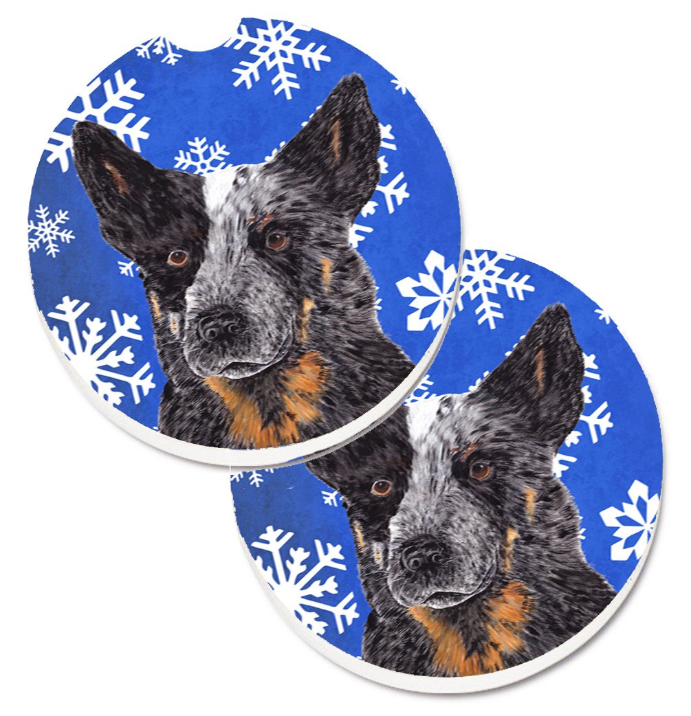 Australian Cattle Dog Winter Snowflakes Holiday Car Coasters – Set of 2 - Absorbent Stone with Fun & Functional Artwork SC9396CARC