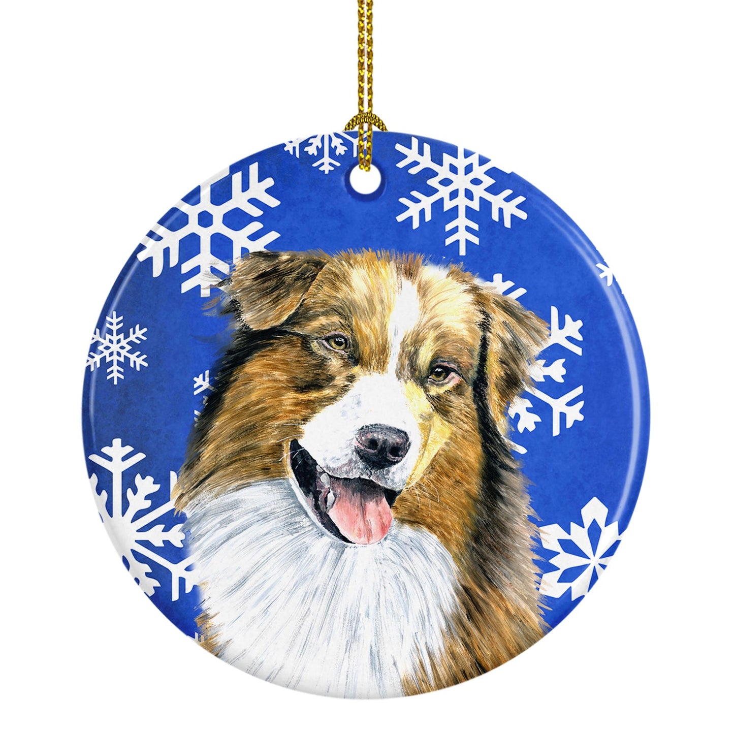 Australian Shepherd Winter Snowflakes Holiday Ornament - Round Ceramic Ornament – Artist-Designed Keepsake Decoration SC9397