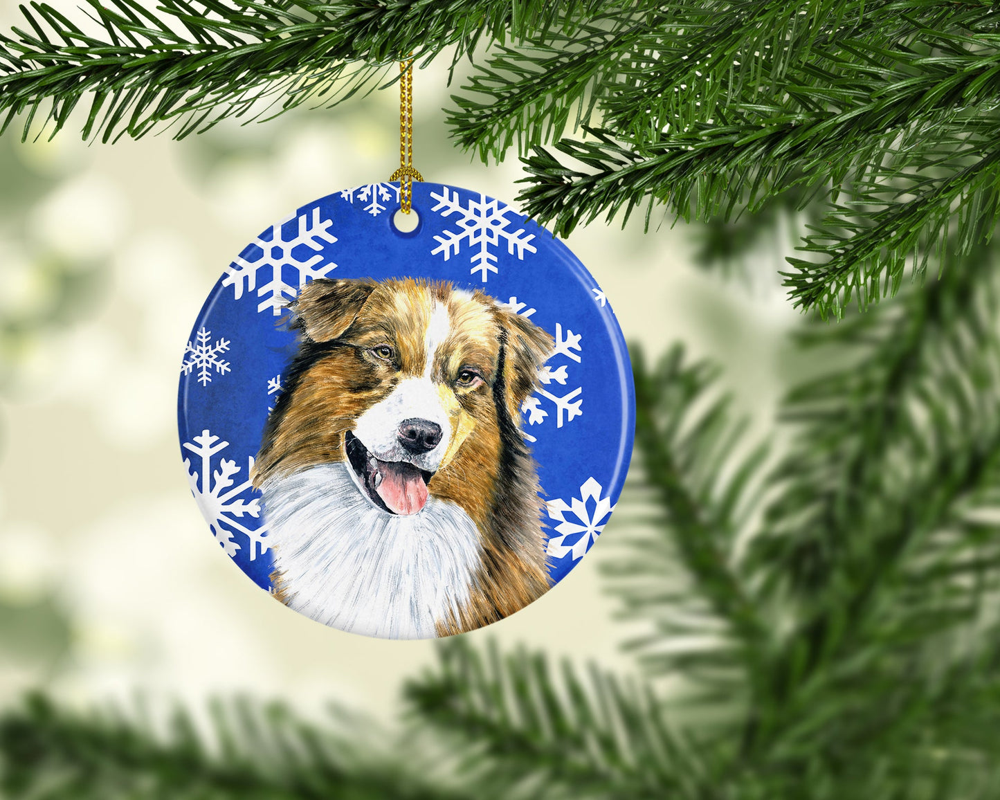 Australian Shepherd Winter Snowflakes Holiday Ornament - Round Ceramic Ornament – Artist-Designed Keepsake Decoration SC9397