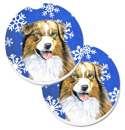 Australian Shepherd Winter Snowflakes Holiday Car Coasters – Set of 2 - Absorbent Stone with Fun & Functional Artwork SC9397CARC