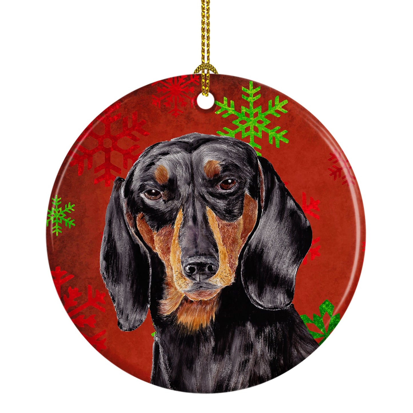 Dachshund Red Snowflakes Holiday Christmas Ornament - Round Ceramic Ornament – Artist-Designed Keepsake Decoration SC9403