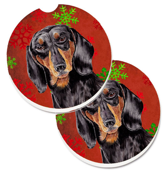 Dachshund Red and Green Snowflakes Holiday Christmas Car Coasters – Set of 2 - Absorbent Stone with Fun & Functional Artwork SC9403CARC