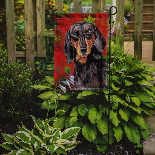 Dachshund Red and Green Snowflakes Holiday Christmas Garden Flag – Decorative Outdoor Yard Flag