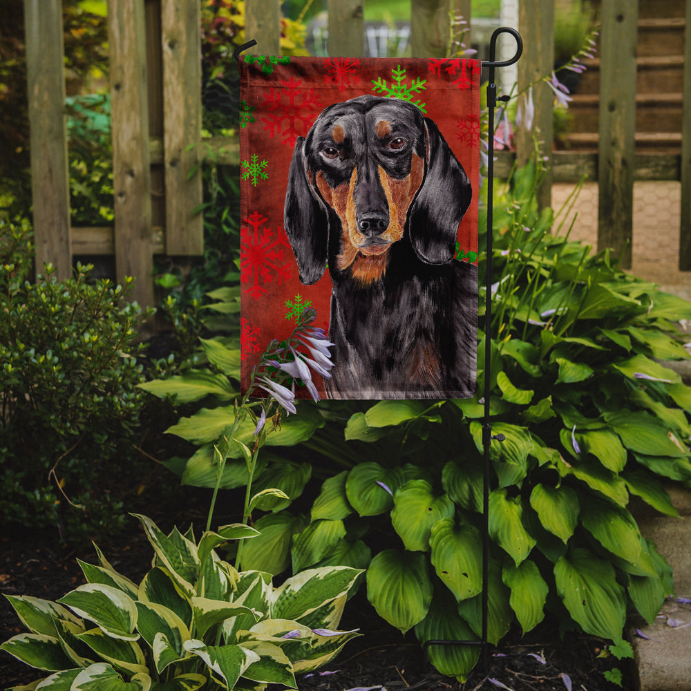 Dachshund Red and Green Snowflakes Holiday Christmas Garden Flag – Decorative Outdoor Yard Flag