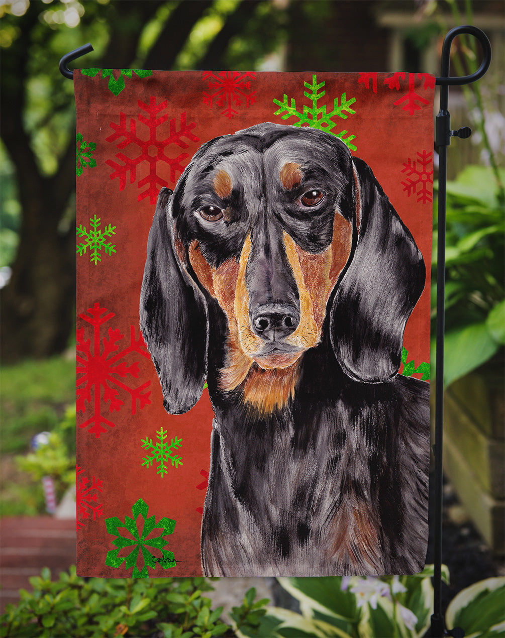 Dachshund Red and Green Snowflakes Holiday Christmas Garden Flag – Decorative Outdoor Yard Flag