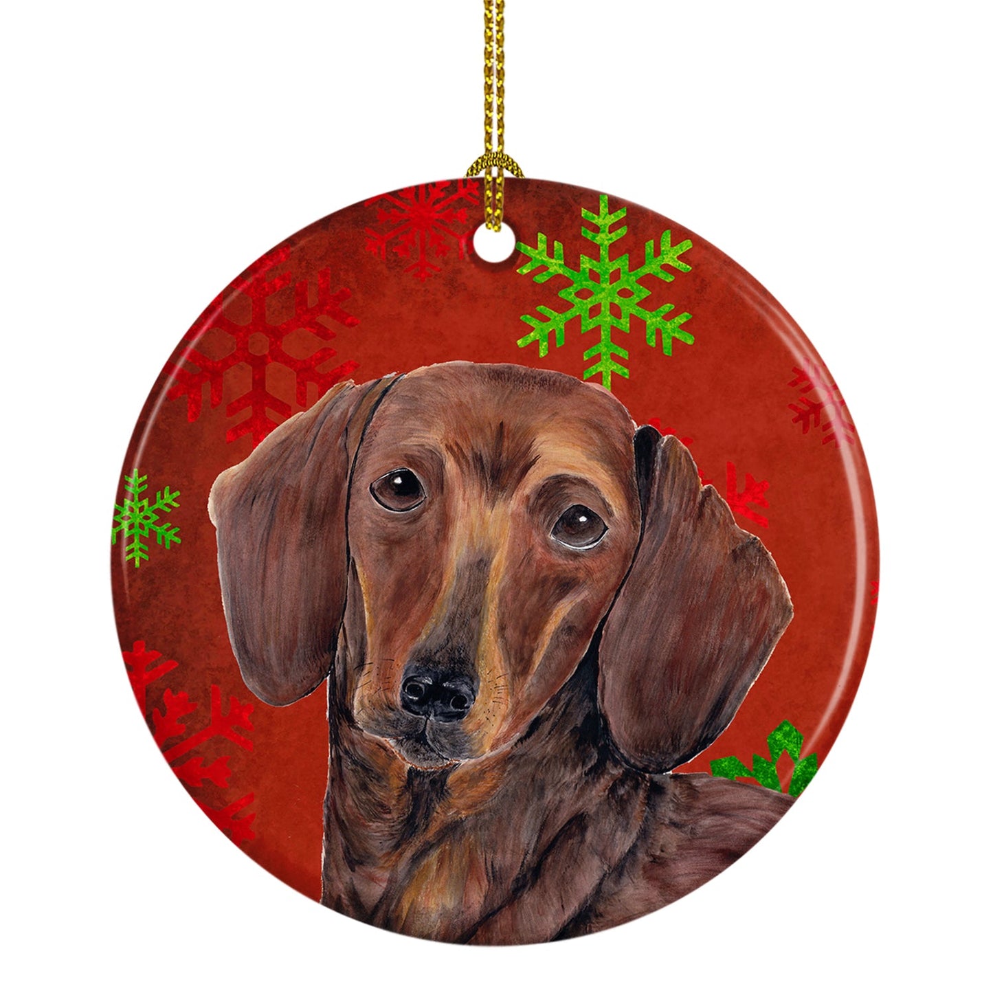 Dachshund Red Snowflakes Holiday Christmas Ornament - Round Ceramic Ornament – Artist-Designed Keepsake Decoration SC9408