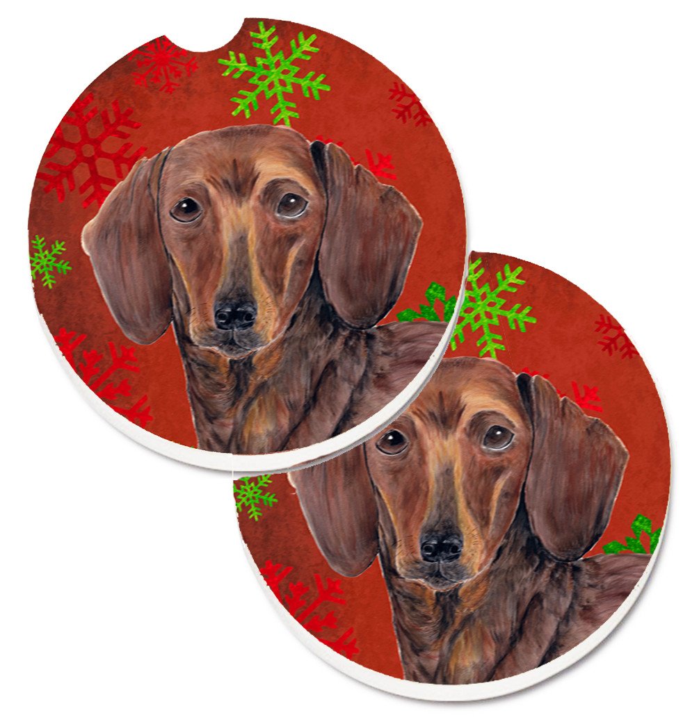 Dachshund Red and Green Snowflakes Holiday Christmas Car Coasters – Set of 2 - Absorbent Stone with Fun & Functional Artwork SC9408CARC