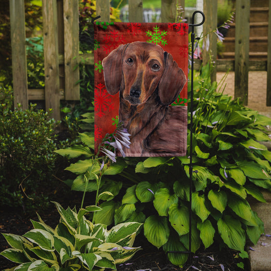 Dachshund Red and Green Snowflakes Holiday Christmas Garden Flag – Decorative Outdoor Yard Flag