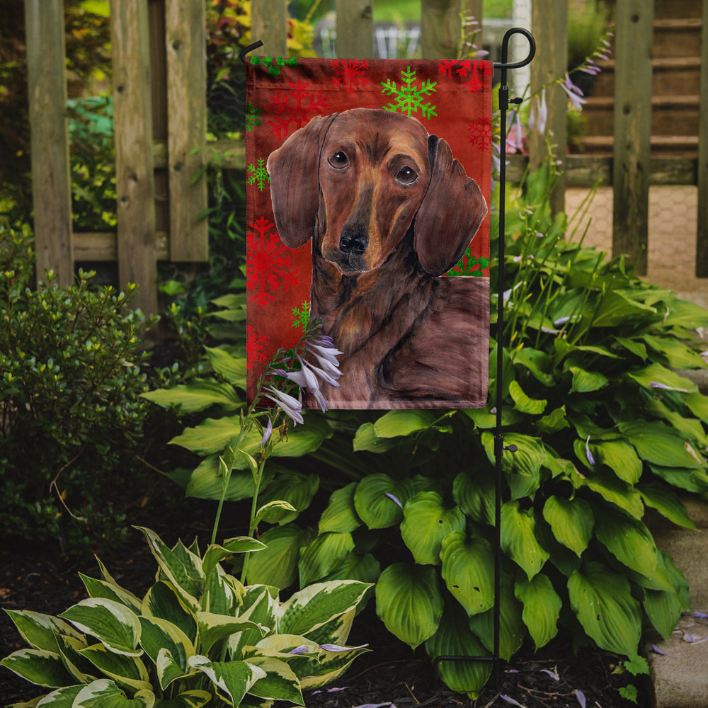Dachshund Red and Green Snowflakes Holiday Christmas Garden Flag – Decorative Outdoor Yard Flag