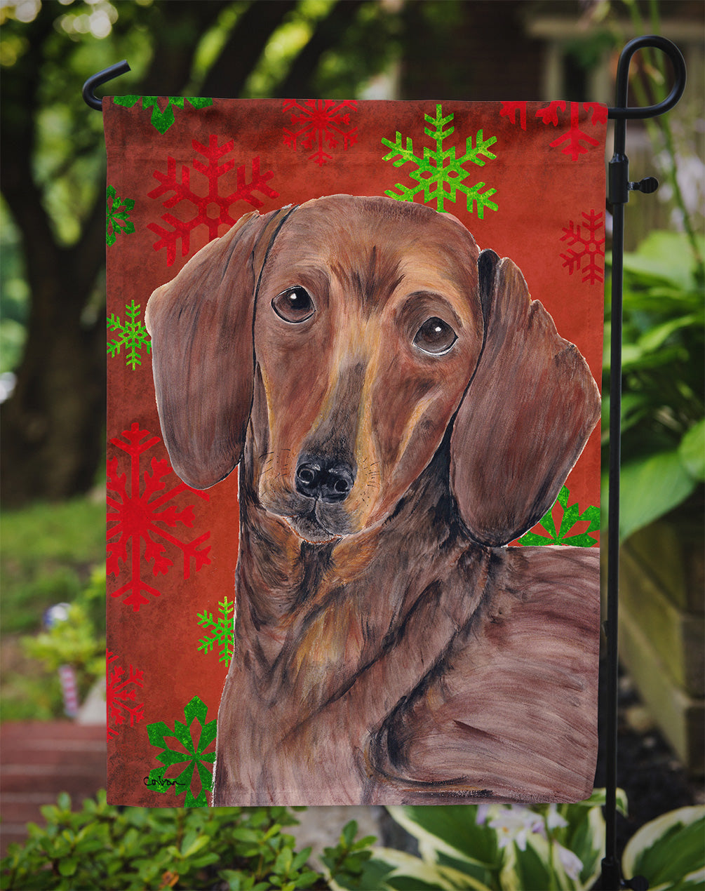 Dachshund Red and Green Snowflakes Holiday Christmas Garden Flag – Decorative Outdoor Yard Flag