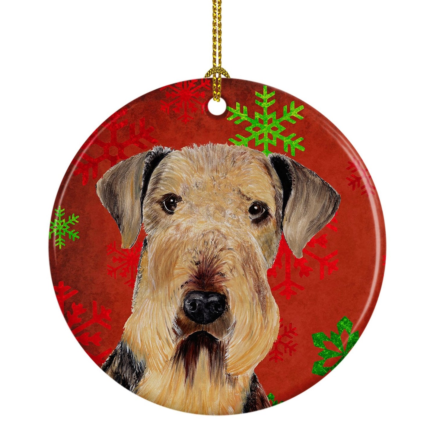 Airedale Red Snowflakes Holiday Christmas Ornament - Round Ceramic Ornament – Artist-Designed Keepsake Decoration SC9413