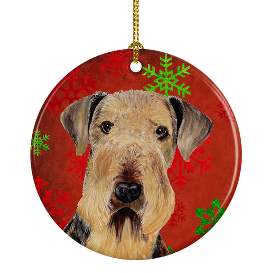 Airedale Red Snowflakes Holiday Christmas Ornament - Round Ceramic Ornament – Artist-Designed Keepsake Decoration SC9413